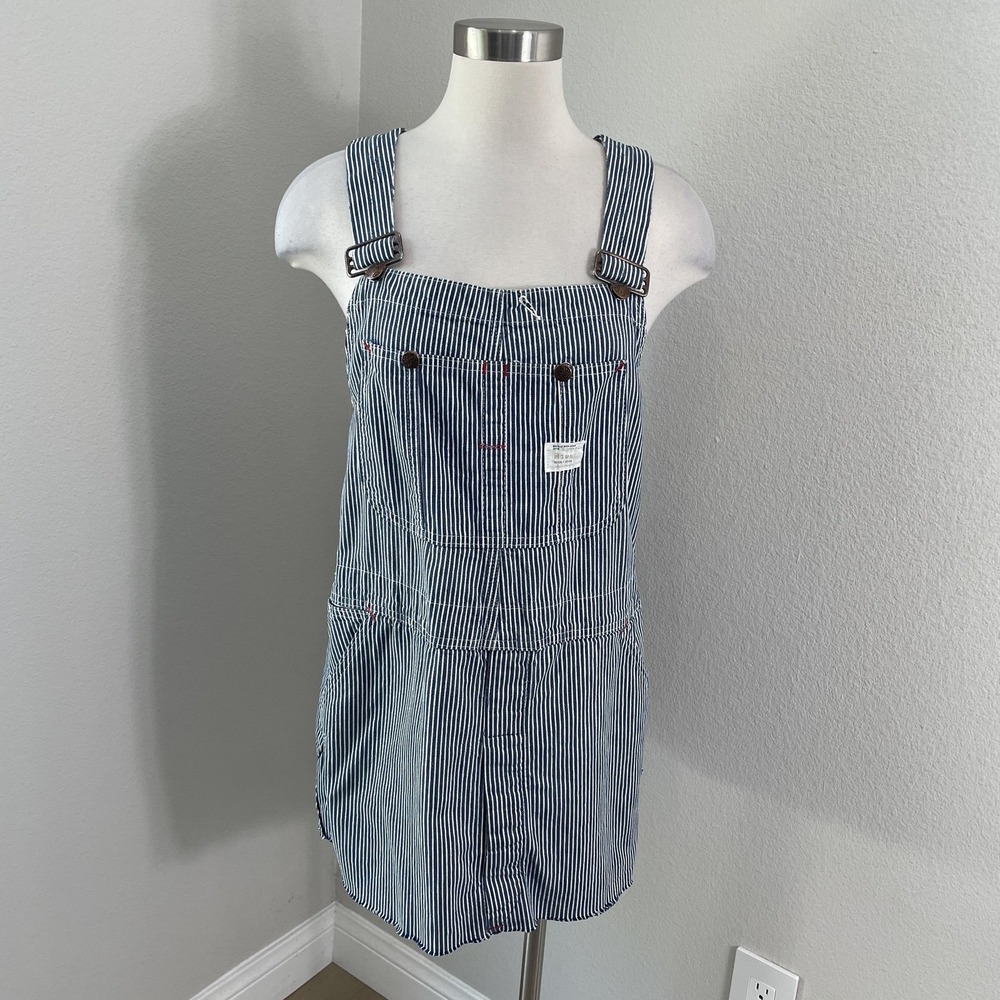 Vintage Big Mac Overall Dress Womens Blue Stripe Denim‎ Pockets Mini Workwear